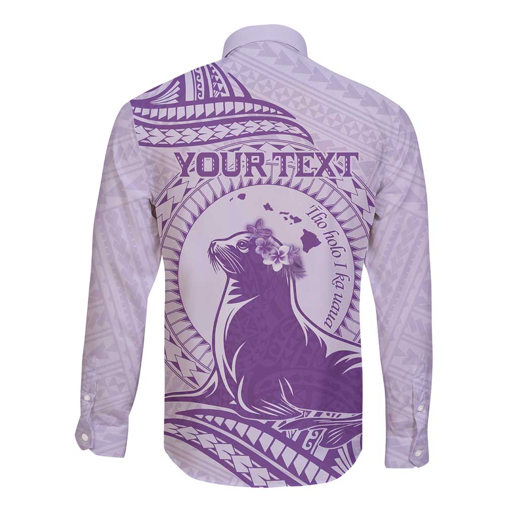 Personalised Hawaii Monk Seal Long Sleeve Button Shirt Polynesian Tattoo With Tropical Flowers - Purple Pastel LT14 - Polynesian Pride