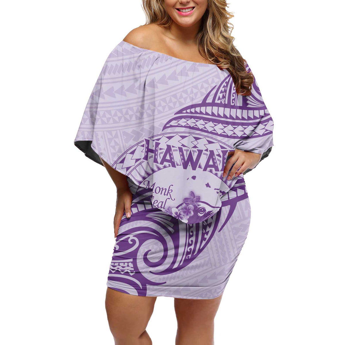 Personalised Hawaii Monk Seal Off Shoulder Short Dress Polynesian Tattoo With Tropical Flowers - Purple Pastel LT14 Women Purple - Polynesian Pride