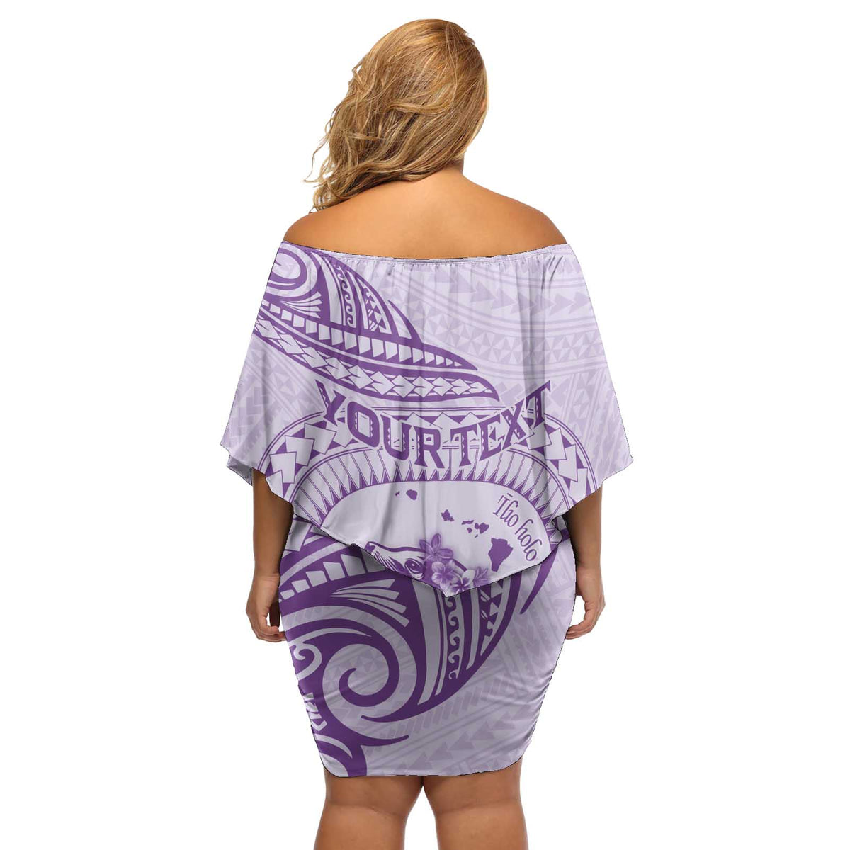 Personalised Hawaii Monk Seal Off Shoulder Short Dress Polynesian Tattoo With Tropical Flowers - Purple Pastel LT14 - Polynesian Pride