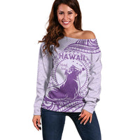 Personalised Hawaii Monk Seal Off Shoulder Sweater Polynesian Tattoo With Tropical Flowers - Purple Pastel LT14 Women Purple - Polynesian Pride