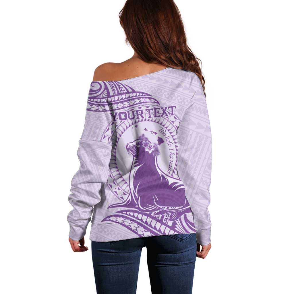 Personalised Hawaii Monk Seal Off Shoulder Sweater Polynesian Tattoo With Tropical Flowers - Purple Pastel LT14 - Polynesian Pride