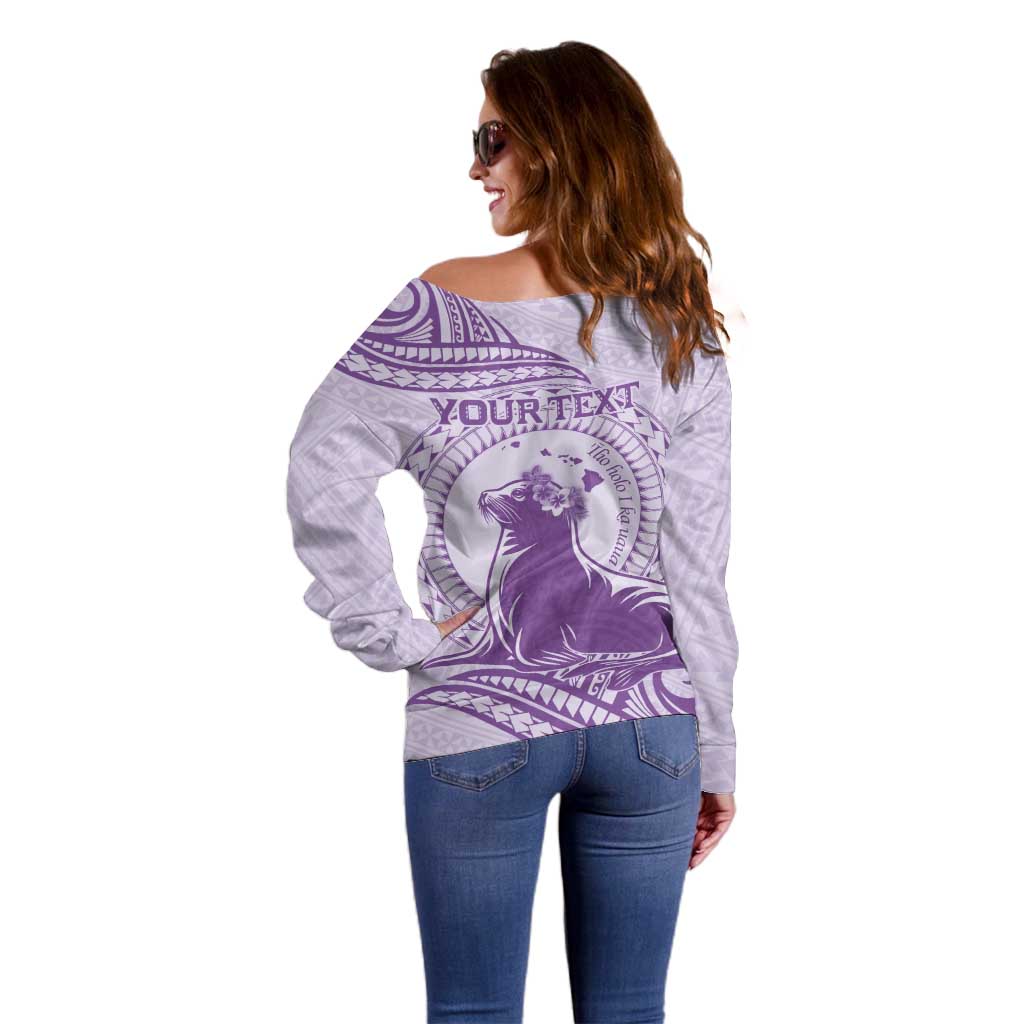 Personalised Hawaii Monk Seal Off Shoulder Sweater Polynesian Tattoo With Tropical Flowers - Purple Pastel LT14 - Polynesian Pride