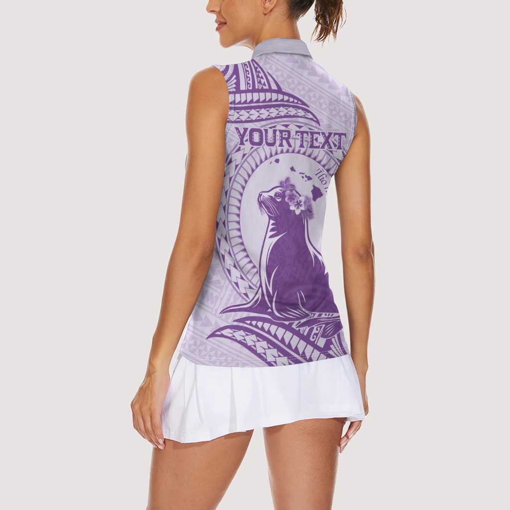 Personalised Hawaii Monk Seal Women Sleeveless Polo Shirt Polynesian Tattoo With Tropical Flowers - Purple Pastel