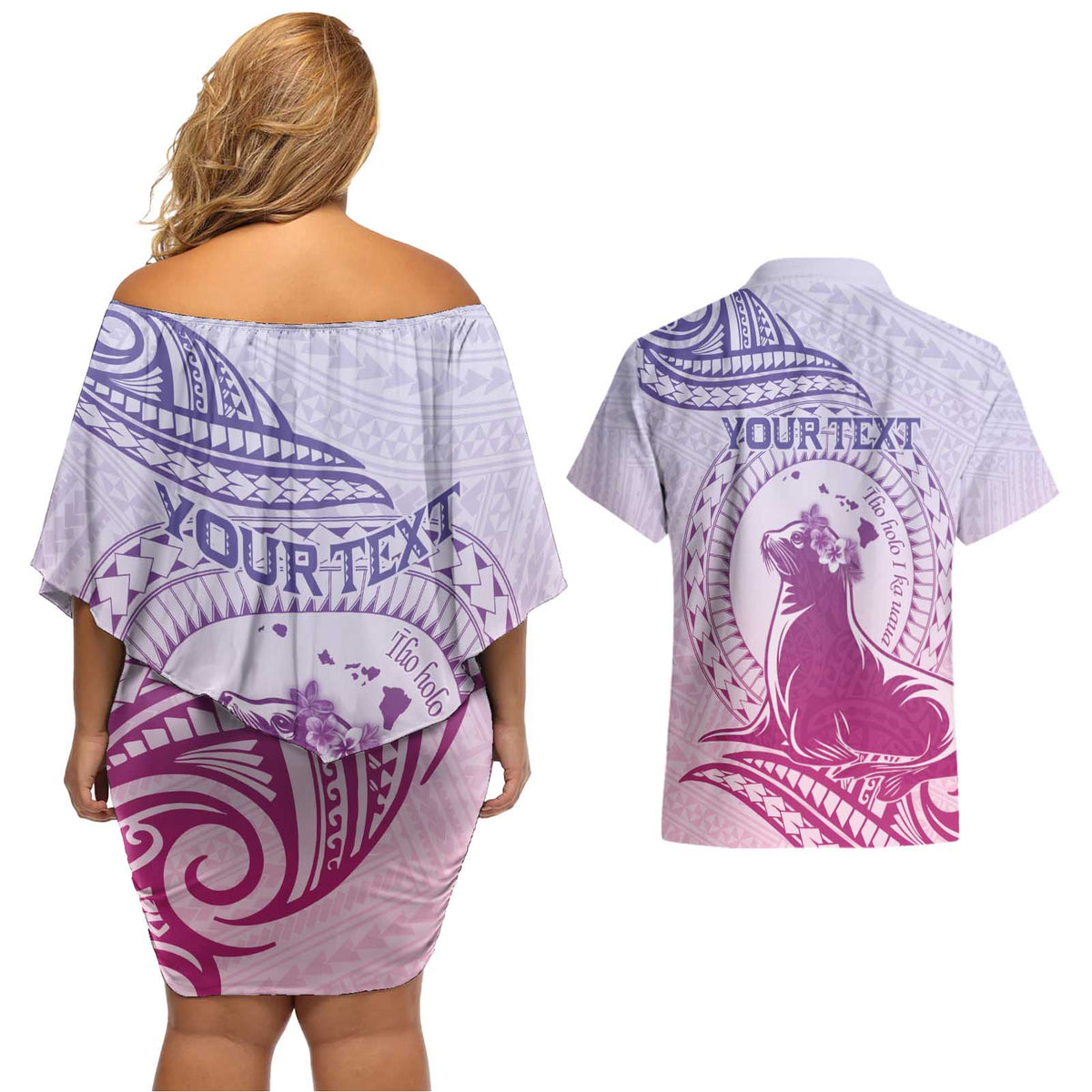 Personalised Hawaii Monk Seal Couples Matching Off Shoulder Short Dress and Hawaiian Shirt Polynesian Tattoo With Tropical Flowers - Purple Gradient