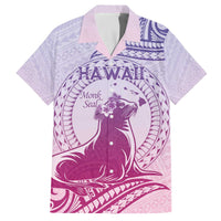 Personalised Hawaii Monk Seal Family Matching Off Shoulder Short Dress and Hawaiian Shirt Polynesian Tattoo With Tropical Flowers - Purple Gradient