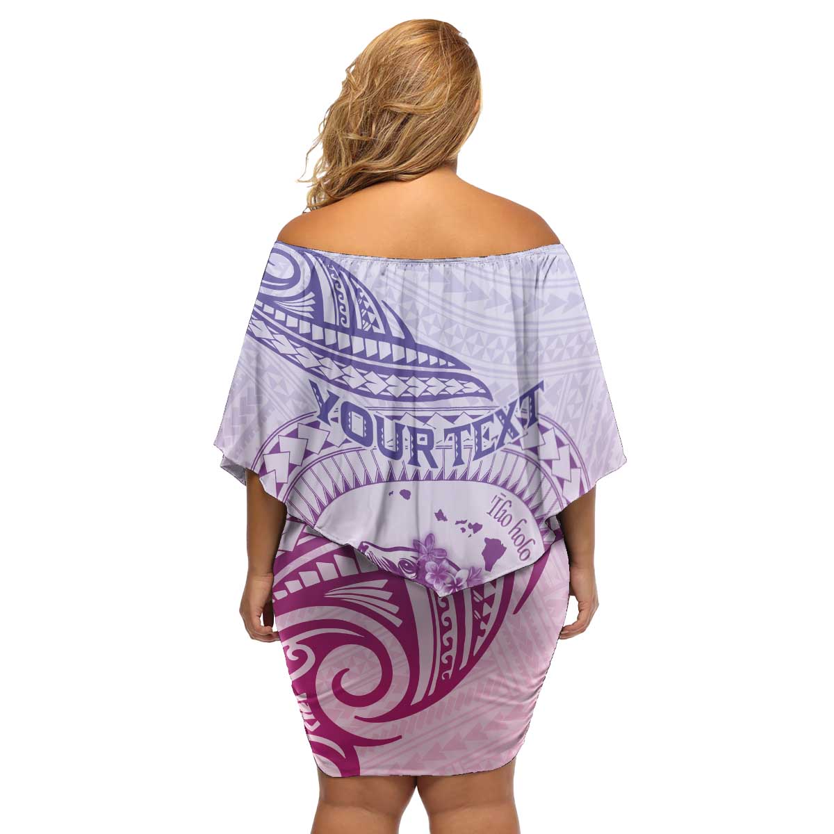 Personalised Hawaii Monk Seal Family Matching Off Shoulder Short Dress and Hawaiian Shirt Polynesian Tattoo With Tropical Flowers - Purple Gradient