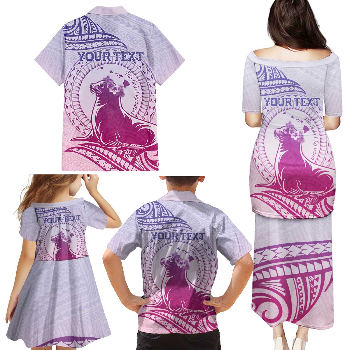 Personalised Hawaii Monk Seal Family Matching Puletasi and Hawaiian Shirt Polynesian Tattoo With Tropical Flowers - Purple Gradient