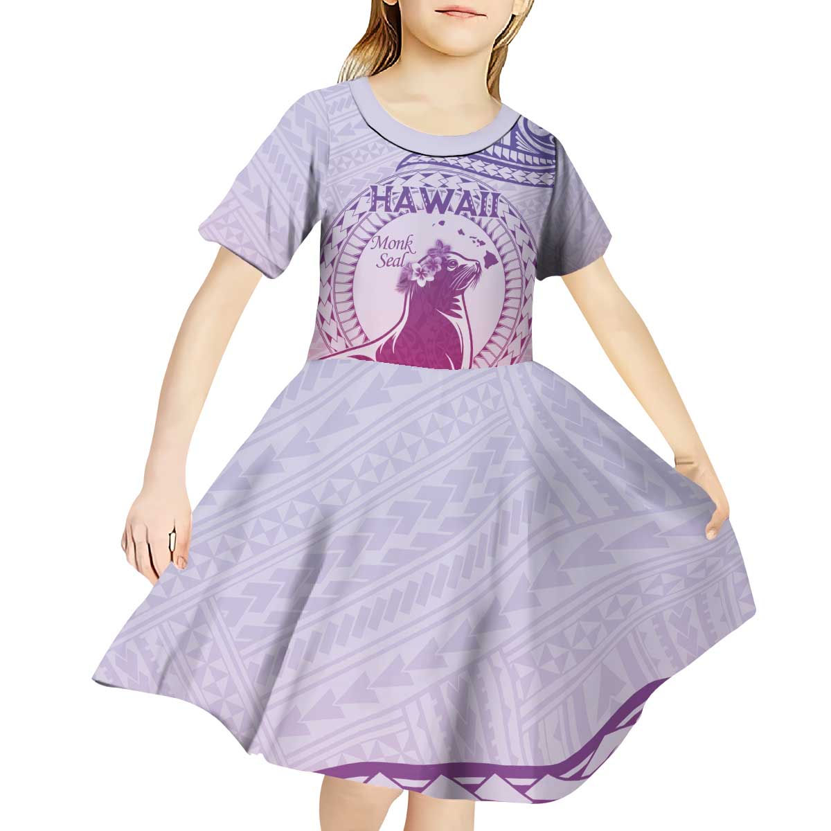 Personalised Hawaii Monk Seal Kid Short Sleeve Dress Polynesian Tattoo With Tropical Flowers - Purple Gradient LT14 - Polynesian Pride