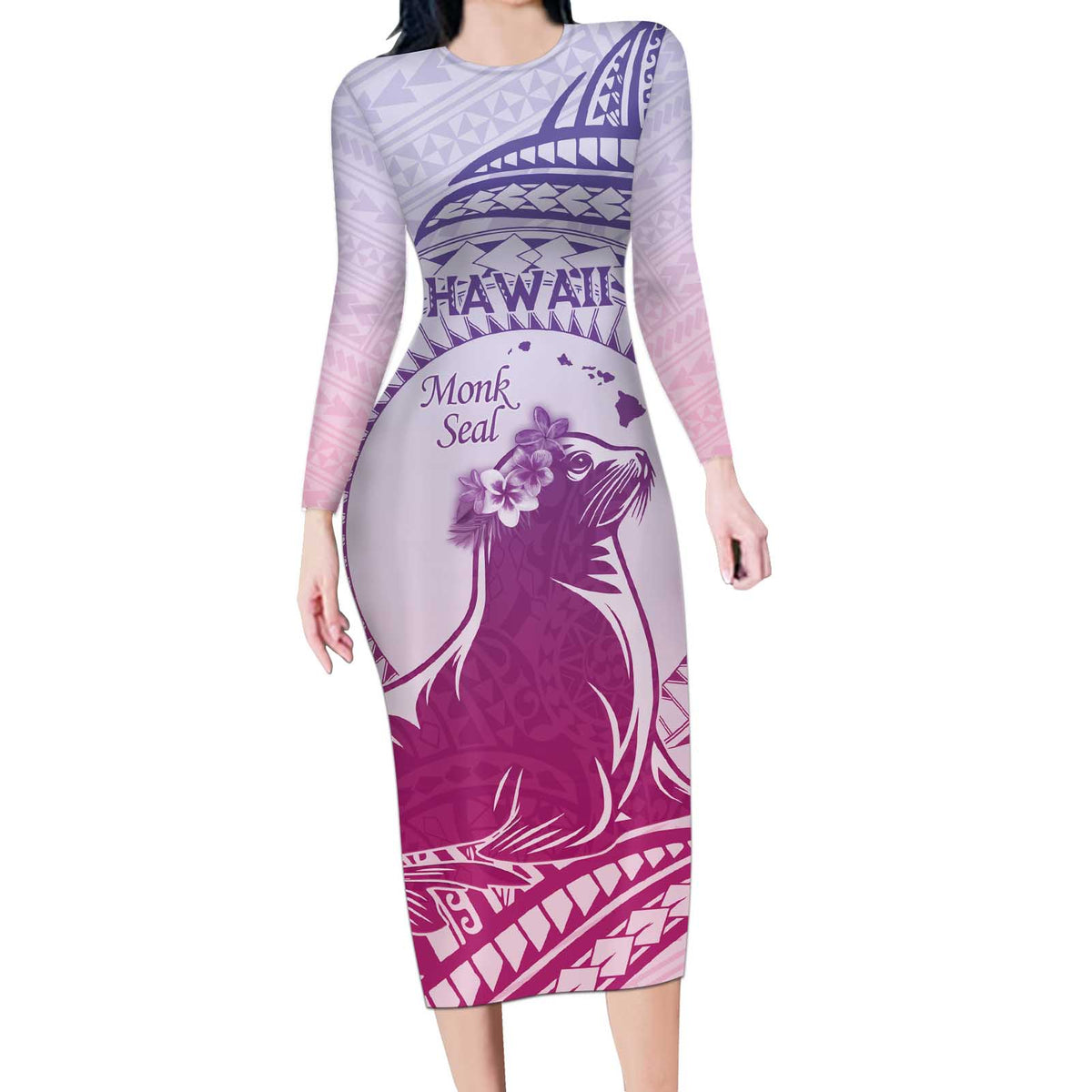 Personalised Hawaii Monk Seal Long Sleeve Bodycon Dress Polynesian Tattoo With Tropical Flowers - Purple Gradient LT14 Long Dress Purple - Polynesian Pride
