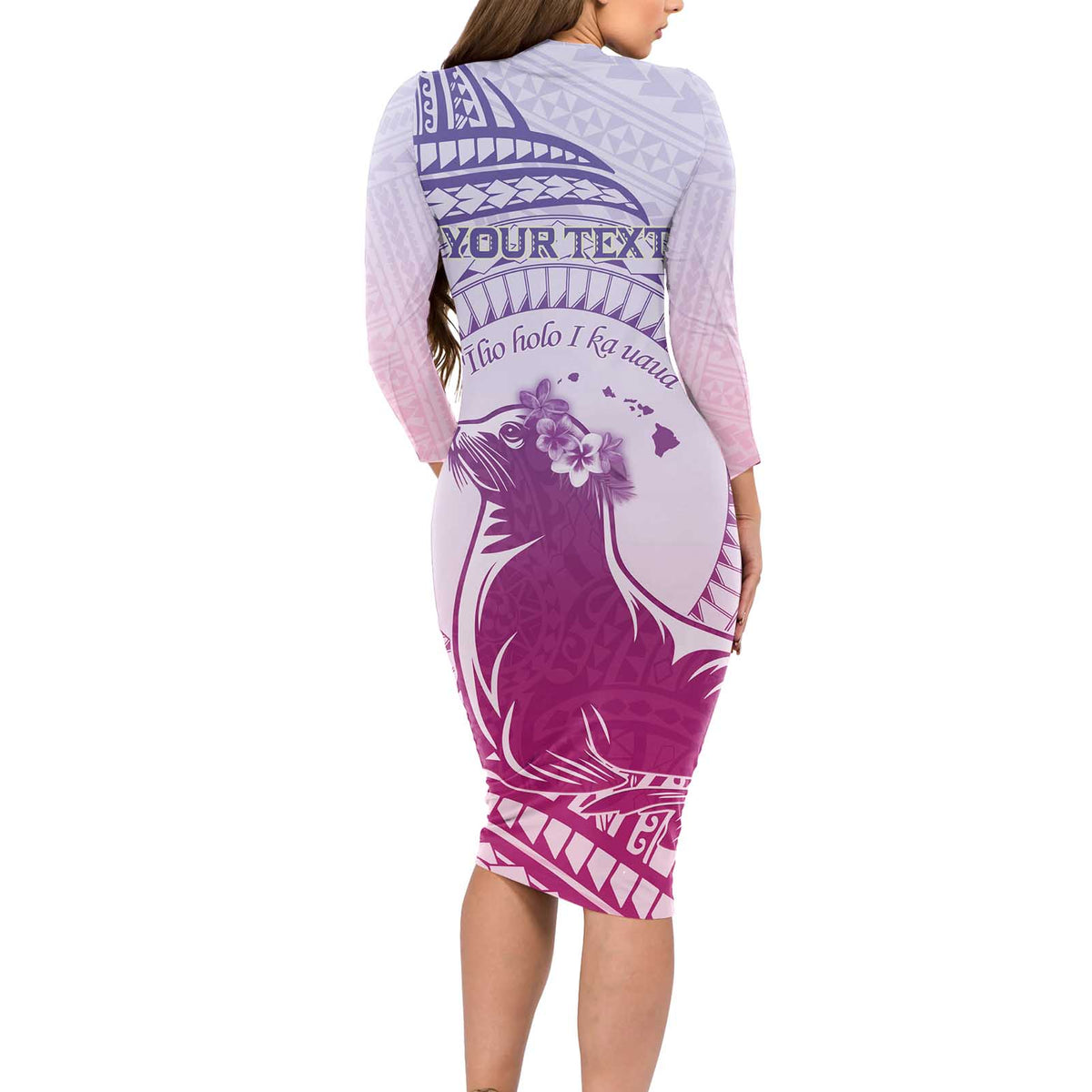Personalised Hawaii Monk Seal Long Sleeve Bodycon Dress Polynesian Tattoo With Tropical Flowers - Purple Gradient LT14 - Polynesian Pride