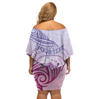 Personalised Hawaii Monk Seal Off Shoulder Short Dress Polynesian Tattoo With Tropical Flowers - Purple Gradient LT14 - Polynesian Pride