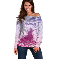 Personalised Hawaii Monk Seal Off Shoulder Sweater Polynesian Tattoo With Tropical Flowers - Purple Gradient LT14 Women Purple - Polynesian Pride