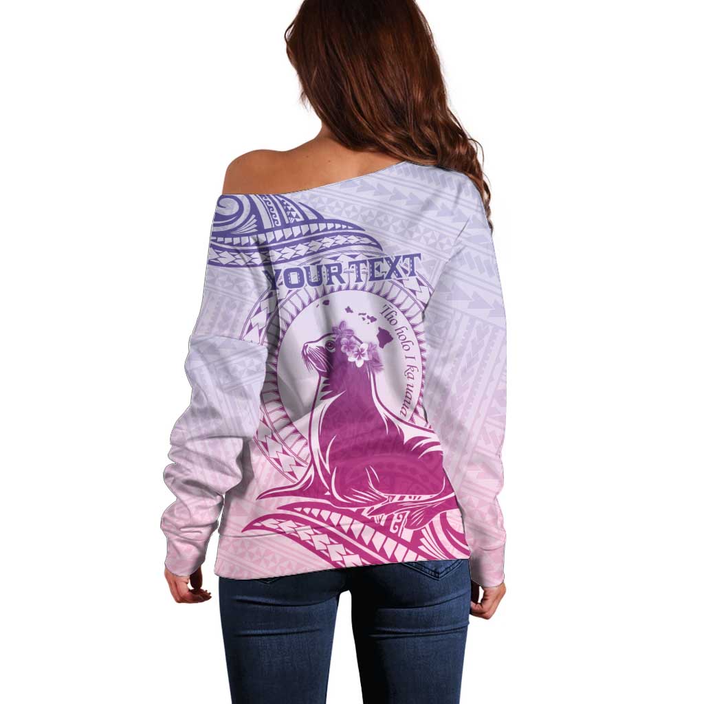 Personalised Hawaii Monk Seal Off Shoulder Sweater Polynesian Tattoo With Tropical Flowers - Purple Gradient LT14 - Polynesian Pride
