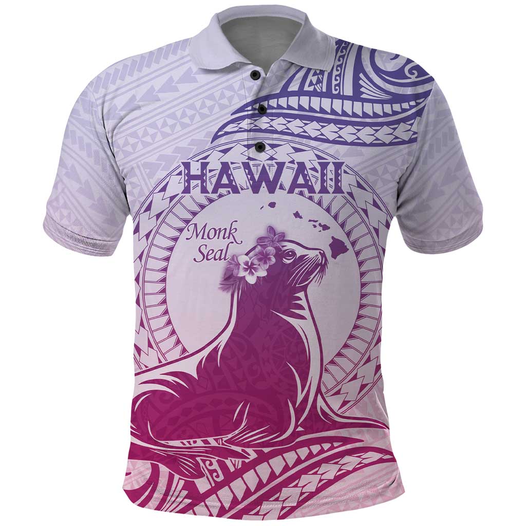 Personalised Hawaii Monk Seal Polo Shirt Polynesian Tattoo With Tropical Flowers - Purple Gradient LT14 Purple - Polynesian Pride