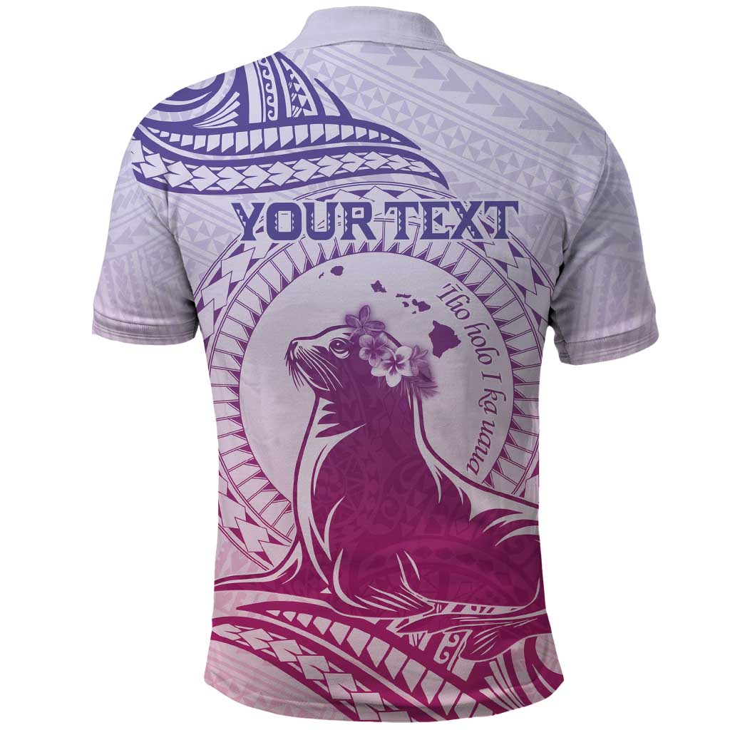 Personalised Hawaii Monk Seal Polo Shirt Polynesian Tattoo With Tropical Flowers - Purple Gradient LT14 - Polynesian Pride