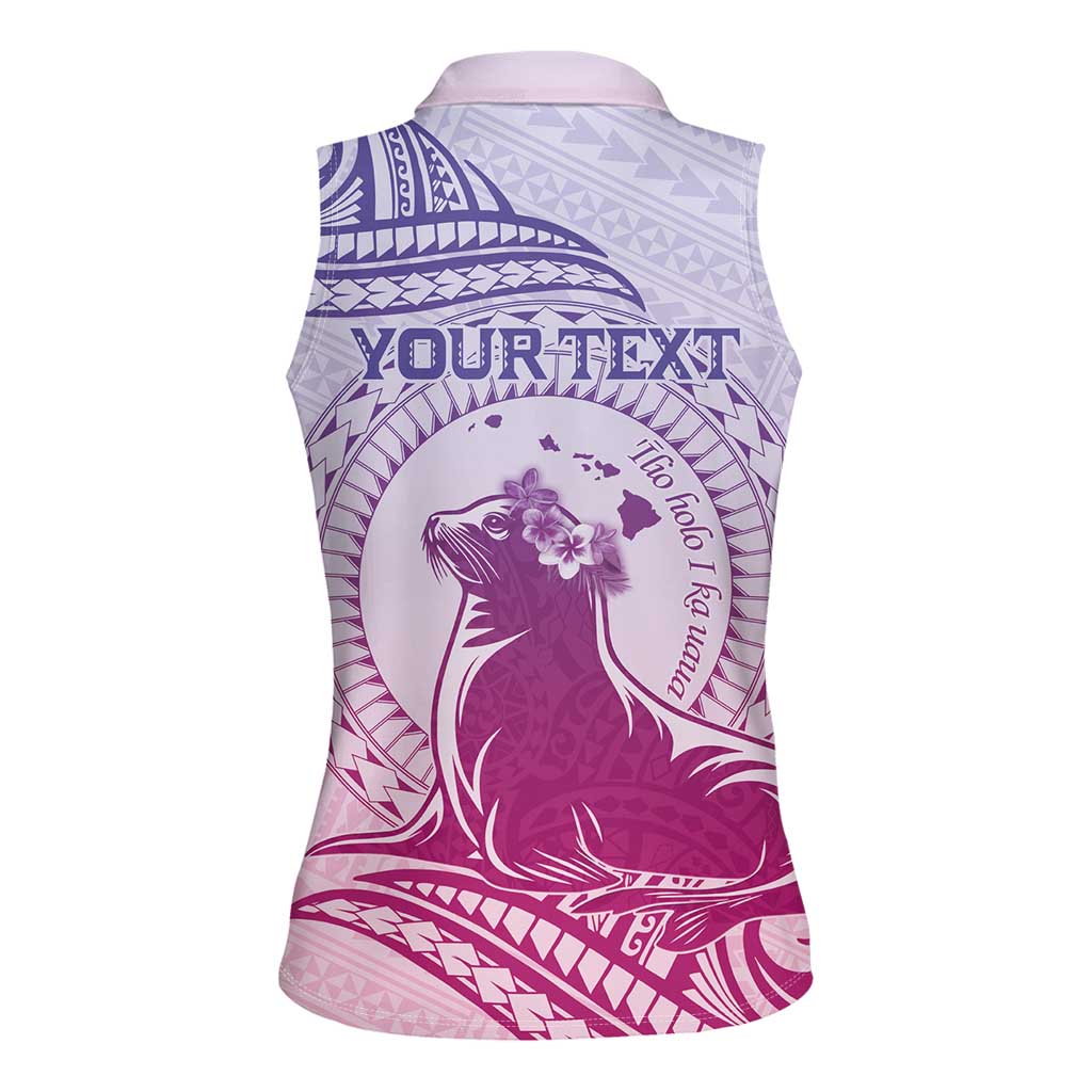 Personalised Hawaii Monk Seal Women Sleeveless Polo Shirt Polynesian Tattoo With Tropical Flowers - Purple Gradient LT14 - Polynesian Pride