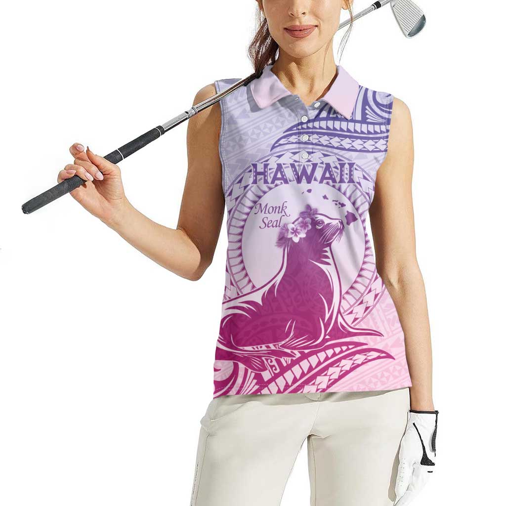 Personalised Hawaii Monk Seal Women Sleeveless Polo Shirt Polynesian Tattoo With Tropical Flowers - Purple Gradient LT14 - Polynesian Pride