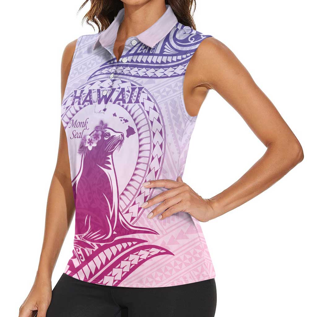 Personalised Hawaii Monk Seal Women Sleeveless Polo Shirt Polynesian Tattoo With Tropical Flowers - Purple Gradient LT14 - Polynesian Pride