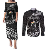 Personalised Hawaii Monk Seal Couples Matching Puletasi and Long Sleeve Button Shirt Polynesian Tattoo With Tropical Flowers - Black