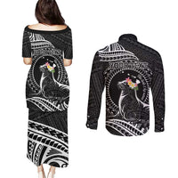 Personalised Hawaii Monk Seal Couples Matching Puletasi and Long Sleeve Button Shirt Polynesian Tattoo With Tropical Flowers - Black
