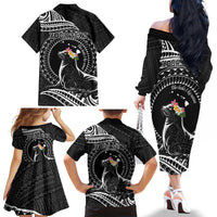 Personalised Hawaii Monk Seal Family Matching Off The Shoulder Long Sleeve Dress and Hawaiian Shirt Polynesian Tattoo With Tropical Flowers - Black