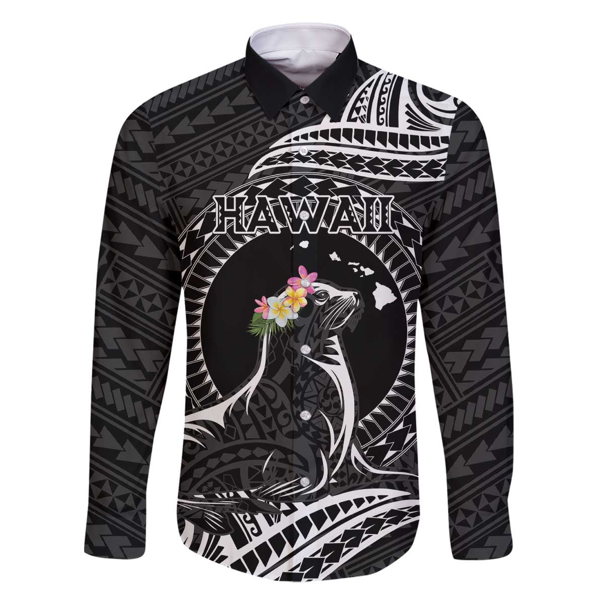 Personalised Hawaii Monk Seal Family Matching Off The Shoulder Long Sleeve Dress and Hawaiian Shirt Polynesian Tattoo With Tropical Flowers - Black