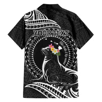 Personalised Hawaii Monk Seal Family Matching Puletasi and Hawaiian Shirt Polynesian Tattoo With Tropical Flowers - Black