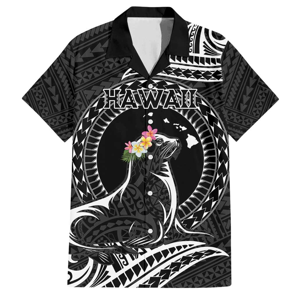 Personalised Hawaii Monk Seal Family Matching Tank Maxi Dress and Hawaiian Shirt Polynesian Tattoo With Tropical Flowers - Black