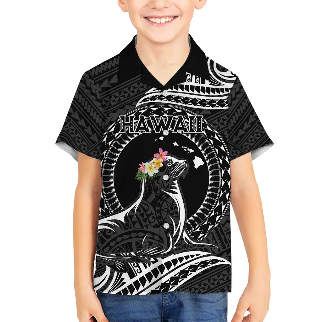 Personalised Hawaii Monk Seal Family Matching Tank Maxi Dress and Hawaiian Shirt Polynesian Tattoo With Tropical Flowers - Black