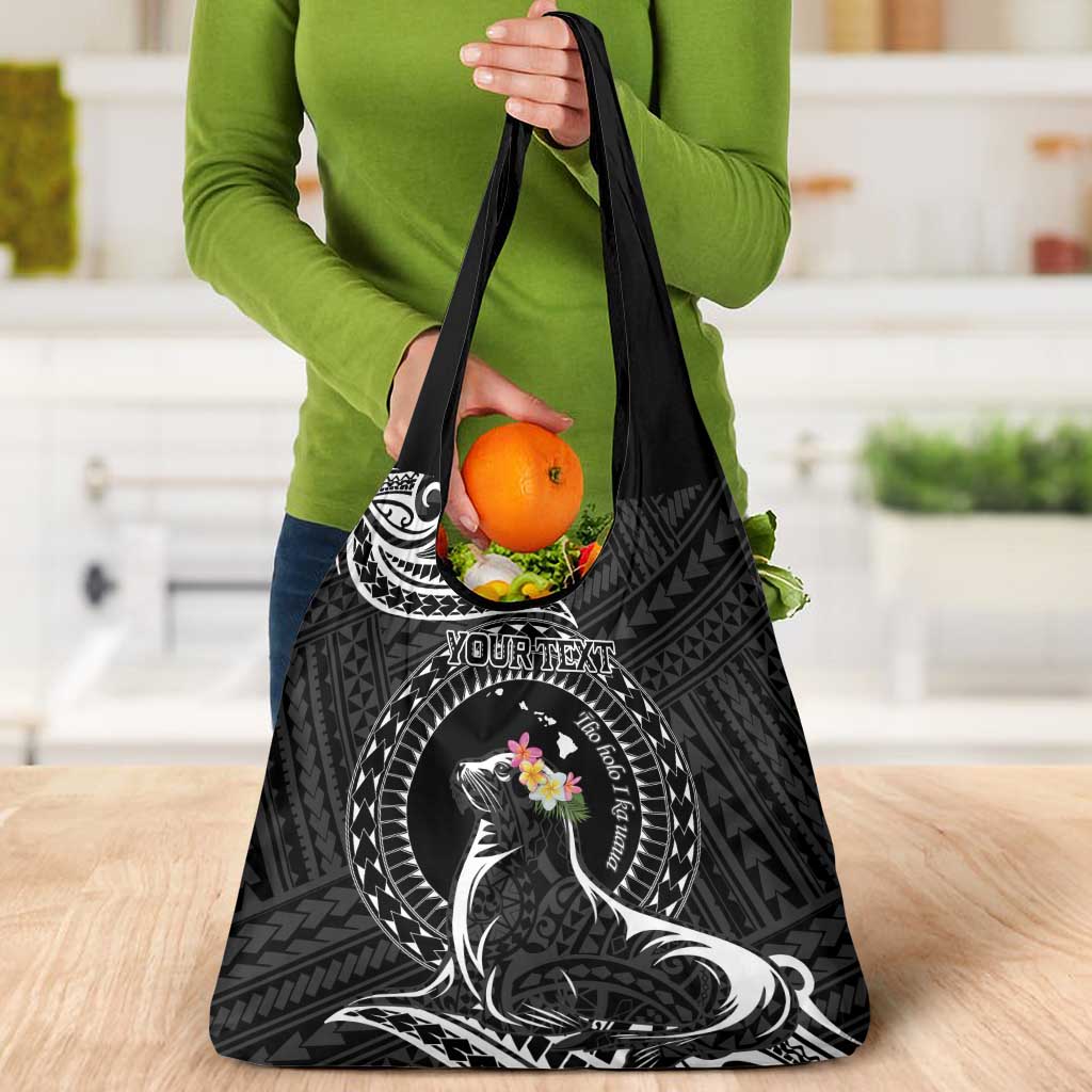 Personalised Hawaii Monk Seal Grocery Bag Polynesian Tattoo With Tropical Flowers - Black