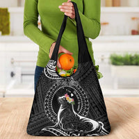 Personalised Hawaii Monk Seal Grocery Bag Polynesian Tattoo With Tropical Flowers - Black