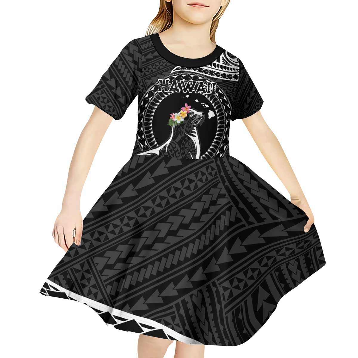 Personalised Hawaii Monk Seal Kid Short Sleeve Dress Polynesian Tattoo With Tropical Flowers - Black LT14 - Polynesian Pride