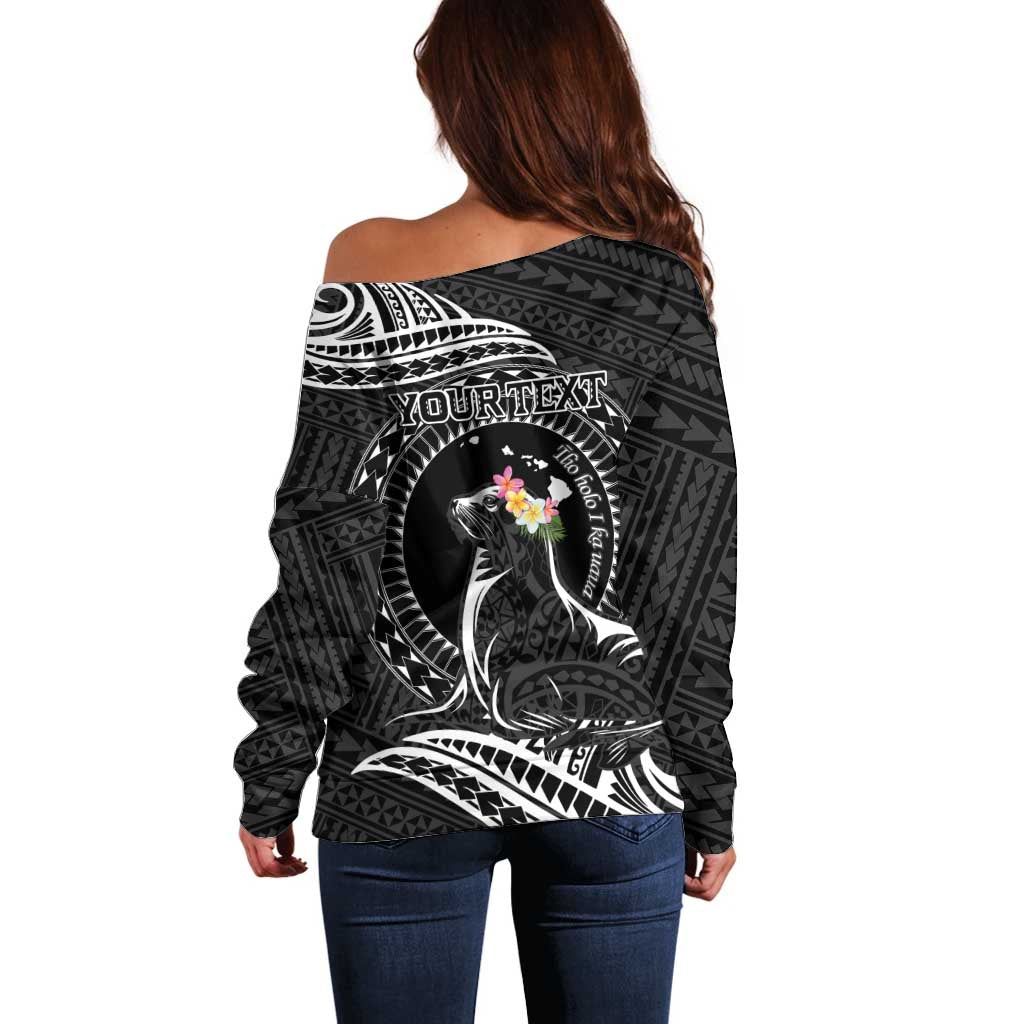 Personalised Hawaii Monk Seal Off Shoulder Sweater Polynesian Tattoo With Tropical Flowers - Black LT14 - Polynesian Pride