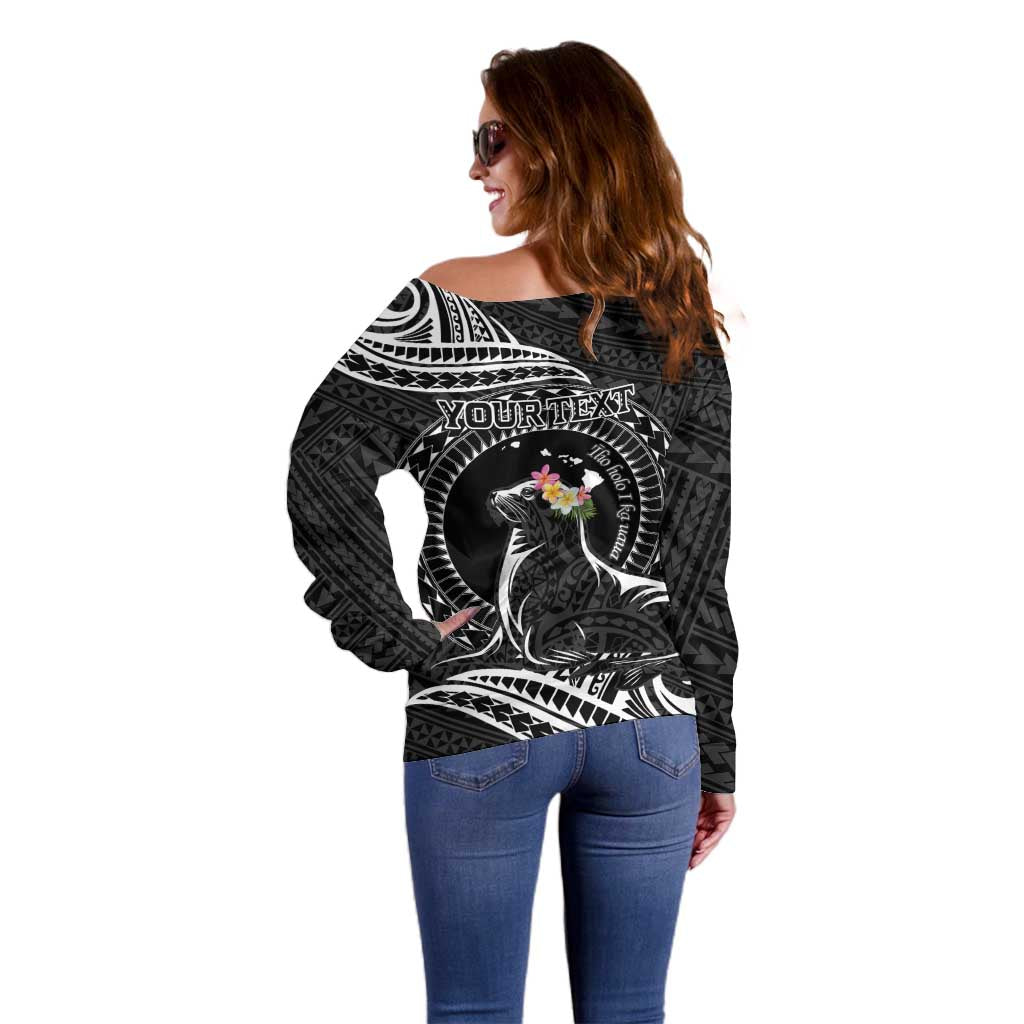 Personalised Hawaii Monk Seal Off Shoulder Sweater Polynesian Tattoo With Tropical Flowers - Black LT14 - Polynesian Pride