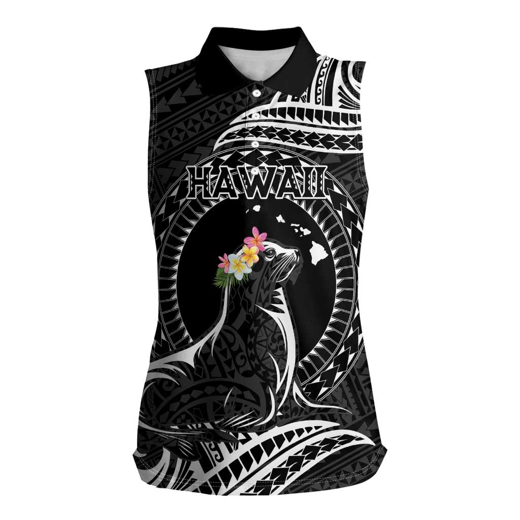 Personalised Hawaii Monk Seal Women Sleeveless Polo Shirt Polynesian Tattoo With Tropical Flowers - Black LT14 Female Black - Polynesian Pride