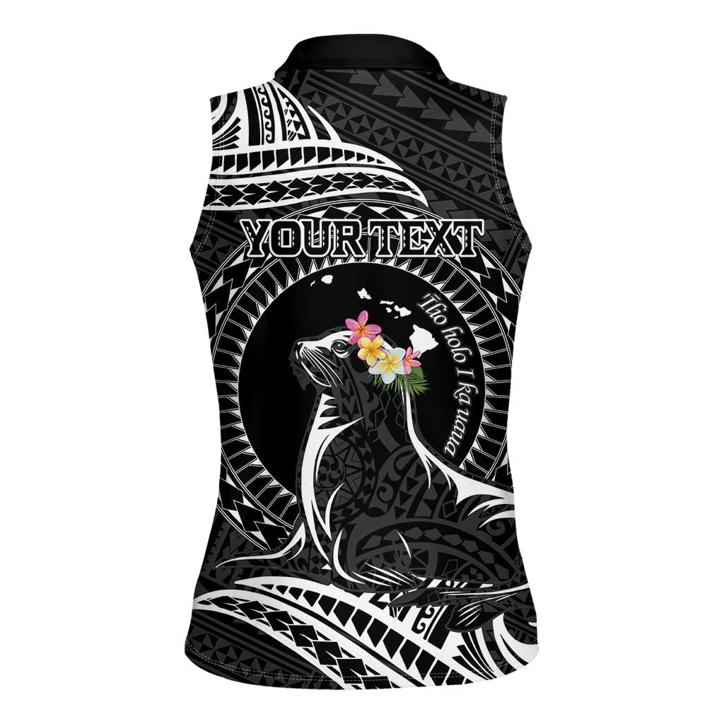 Personalised Hawaii Monk Seal Women Sleeveless Polo Shirt Polynesian Tattoo With Tropical Flowers - Black LT14 - Polynesian Pride