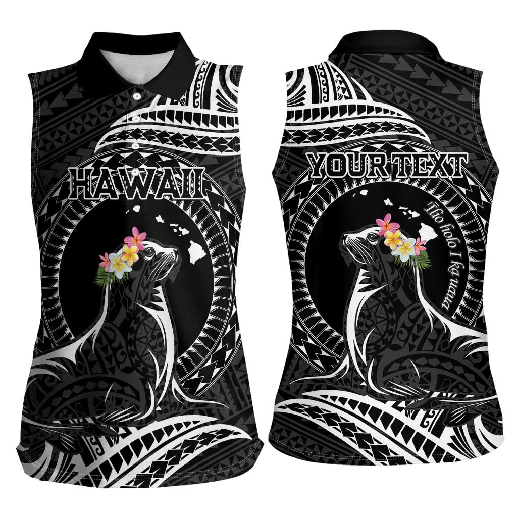Personalised Hawaii Monk Seal Women Sleeveless Polo Shirt Polynesian Tattoo With Tropical Flowers - Black LT14 - Polynesian Pride