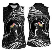 Personalised Hawaii Monk Seal Women Sleeveless Polo Shirt Polynesian Tattoo With Tropical Flowers - Black LT14 - Polynesian Pride