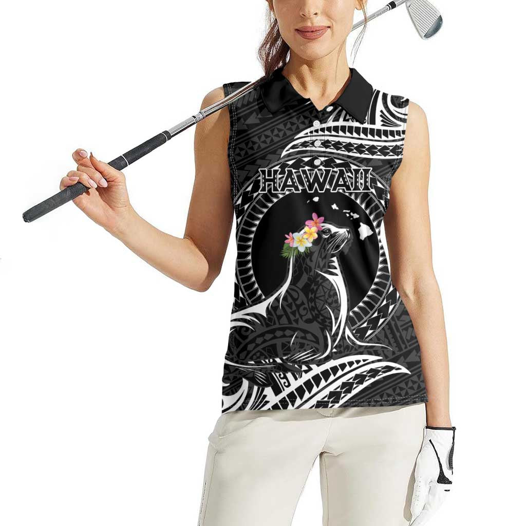 Personalised Hawaii Monk Seal Women Sleeveless Polo Shirt Polynesian Tattoo With Tropical Flowers - Black LT14 - Polynesian Pride