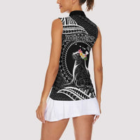 Personalised Hawaii Monk Seal Women Sleeveless Polo Shirt Polynesian Tattoo With Tropical Flowers - Black LT14 - Polynesian Pride
