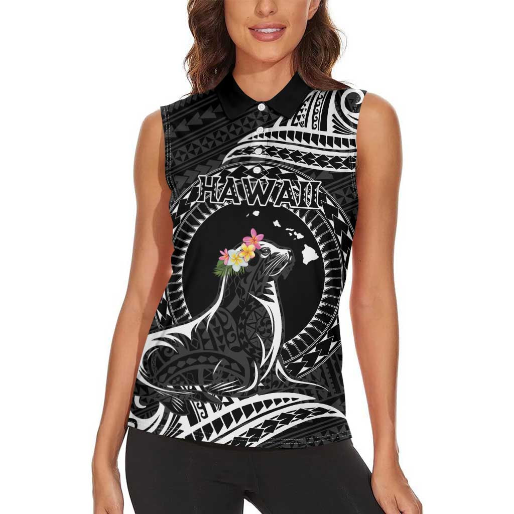 Personalised Hawaii Monk Seal Women Sleeveless Polo Shirt Polynesian Tattoo With Tropical Flowers - Black LT14 - Polynesian Pride