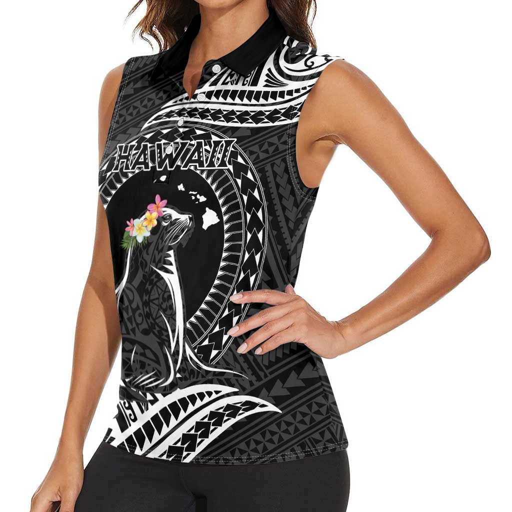 Personalised Hawaii Monk Seal Women Sleeveless Polo Shirt Polynesian Tattoo With Tropical Flowers - Black LT14 - Polynesian Pride
