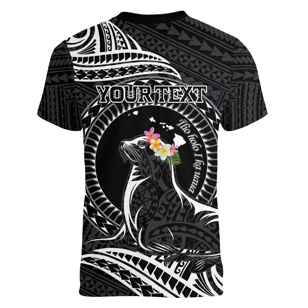 Personalised Hawaii Monk Seal Women V-Neck T-Shirt Polynesian Tattoo With Tropical Flowers - Black LT14 - Polynesian Pride