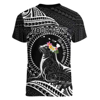 Personalised Hawaii Monk Seal Women V-Neck T-Shirt Polynesian Tattoo With Tropical Flowers - Black LT14 - Polynesian Pride