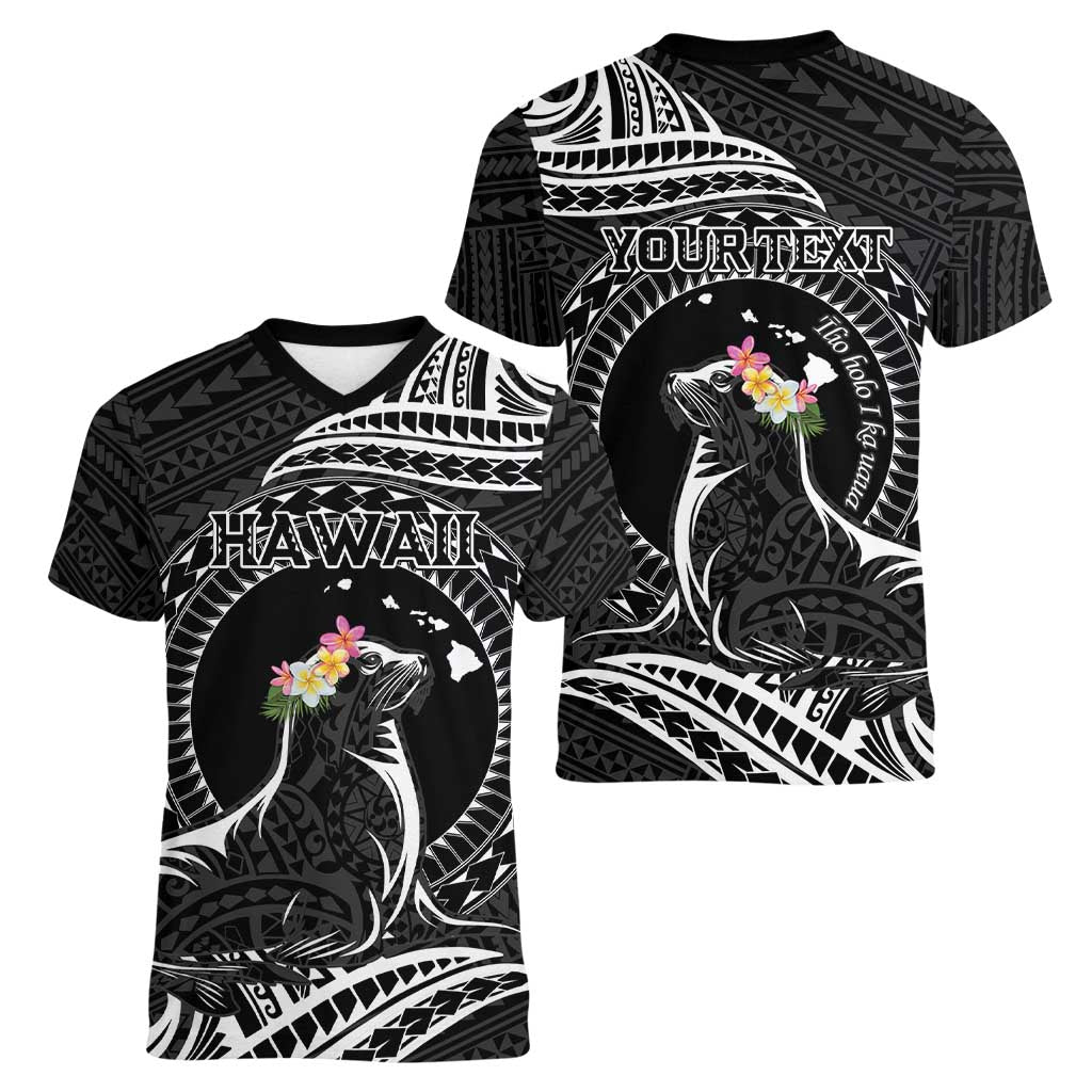 Personalised Hawaii Monk Seal Women V-Neck T-Shirt Polynesian Tattoo With Tropical Flowers - Black LT14 - Polynesian Pride