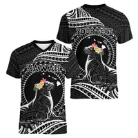 Personalised Hawaii Monk Seal Women V-Neck T-Shirt Polynesian Tattoo With Tropical Flowers - Black LT14 - Polynesian Pride