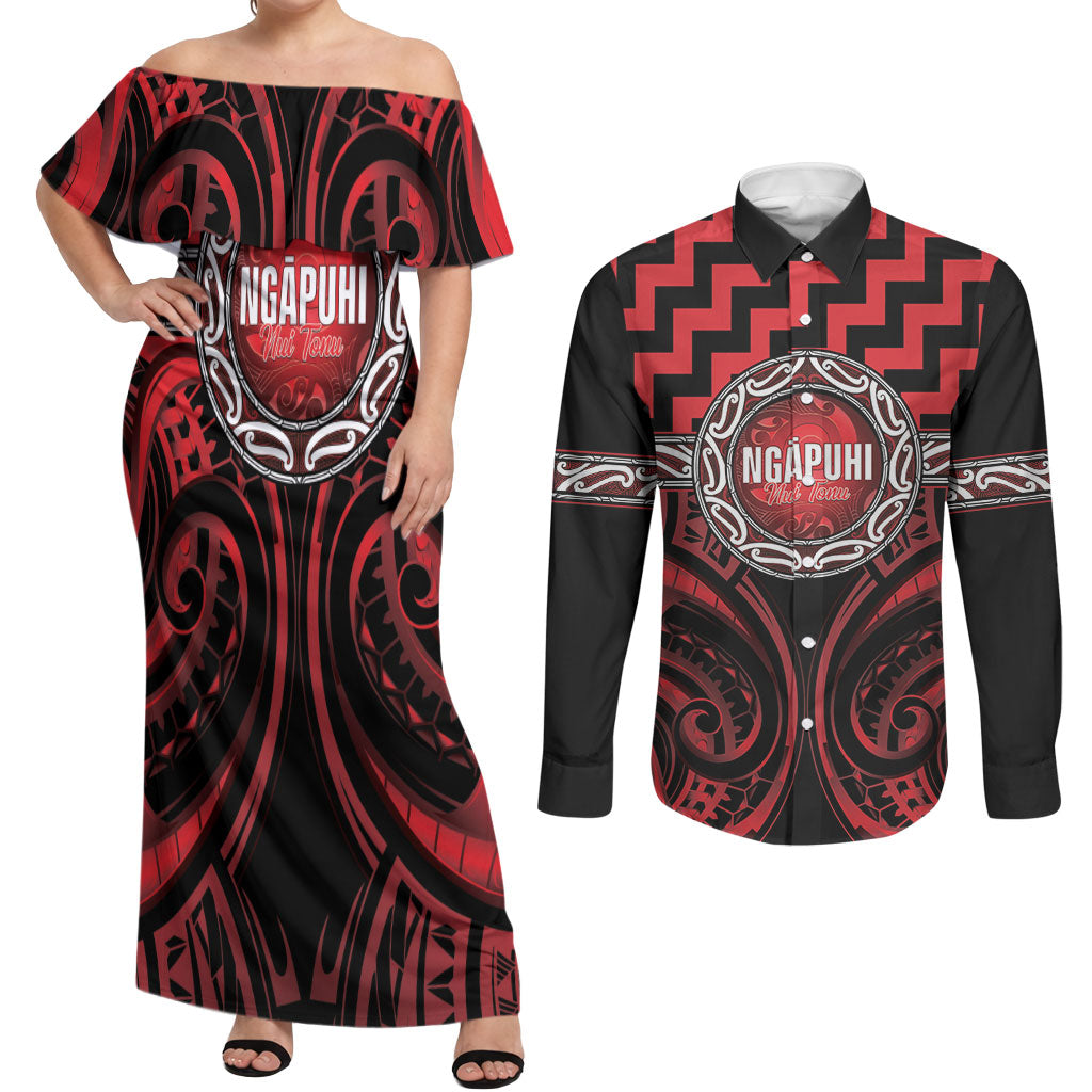 Aotearoa Ngapuhi Personalised Couples Matching Off Shoulder Maxi Dress and Long Sleeve Button Shirt Maori Iwi Poutama Puhoro Tattoo