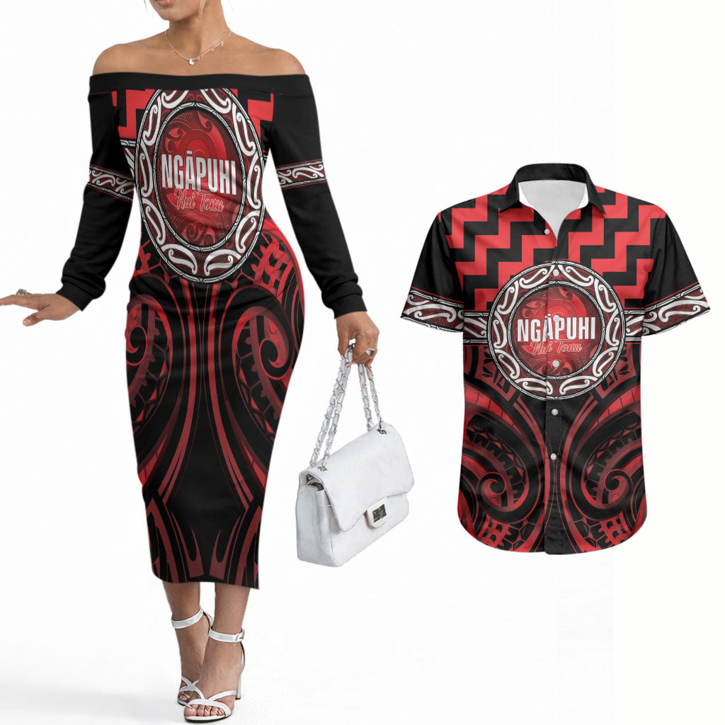 Aotearoa Ngapuhi Personalised Couples Matching Off The Shoulder Long Sleeve Dress and Hawaiian Shirt Maori Iwi Poutama Puhoro Tattoo LT14 Red - Polynesian Pride