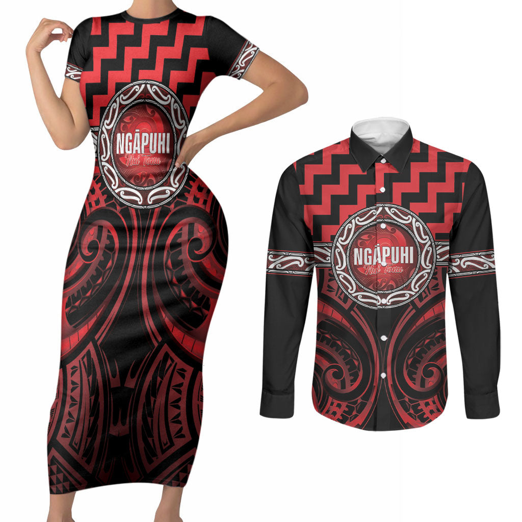 Aotearoa Ngapuhi Personalised Couples Matching Short Sleeve Bodycon Dress and Long Sleeve Button Shirt Maori Iwi Poutama Puhoro Tattoo LT14 Red - Polynesian Pride