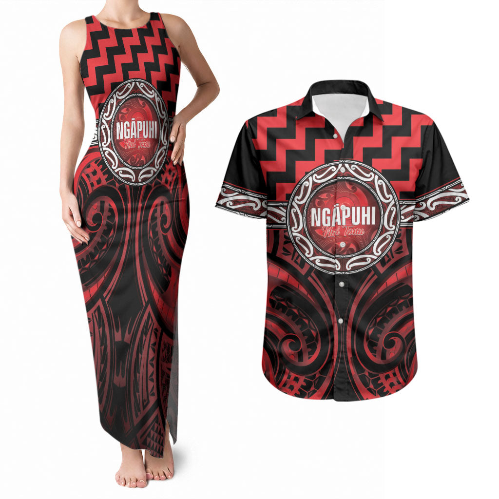 Aotearoa Ngapuhi Personalised Couples Matching Tank Maxi Dress and Hawaiian Shirt Maori Iwi Poutama Puhoro Tattoo LT14 Red - Polynesian Pride